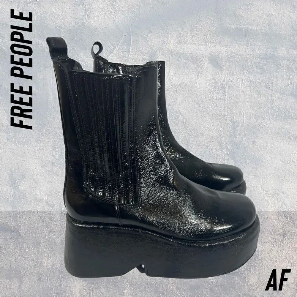 FREE PEOPLE DISCO DAYS PLATFORM BOOTS IN BLACK CRINKLED PATENT NEW
